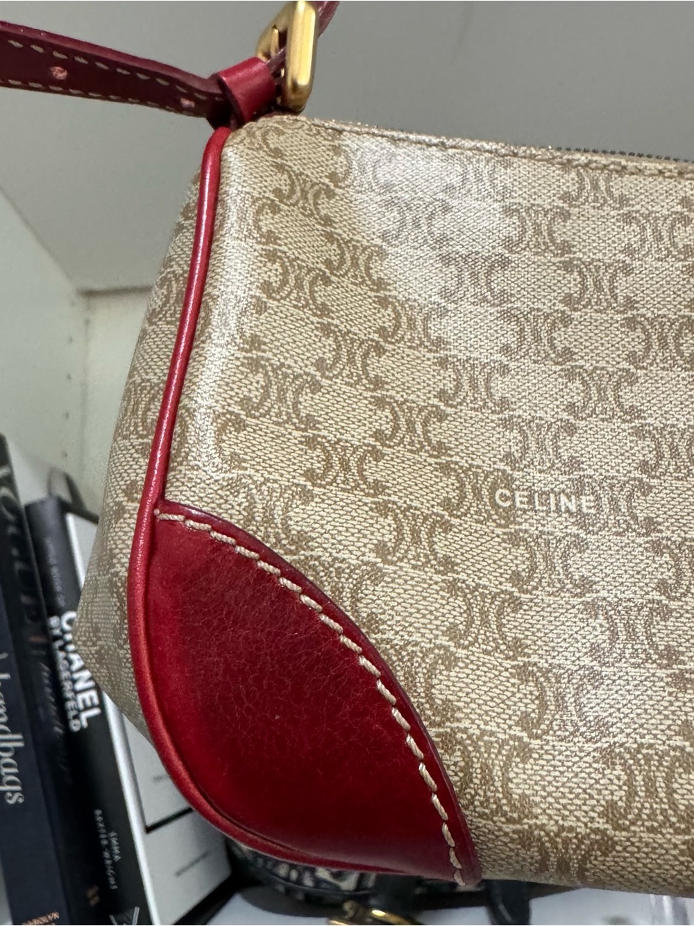 Celine Beige Monogram Canvas Shoulder Bag with Red Trim - Picture 3 of 10